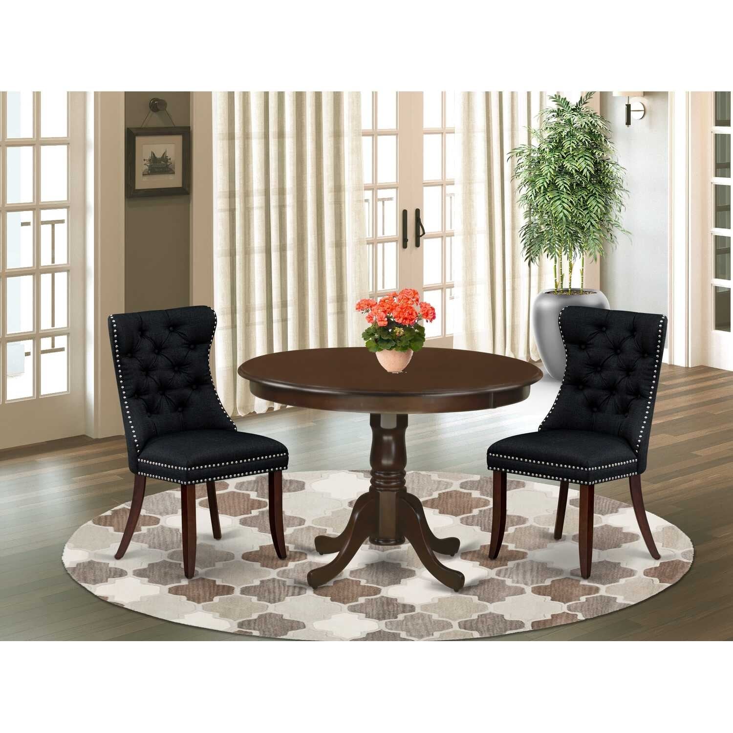 3-Piece Mahogany Finish Solid Wood Top-Round Upholstered Dining Room Set-Seats 4