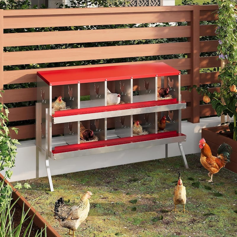 Wall-Mount or Free-Standing Metal Chicken Nesting Box for Hens, Red with Legs - Red 10 Compartments