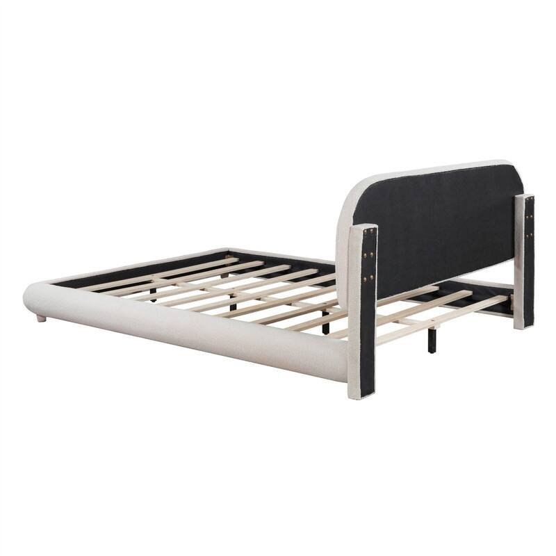 Full/Queen Size Teddy Fleece Upholstered Bed with Thick Fabric, Platform Bed Frame with Headboard & Stylish Curve-shaped Design