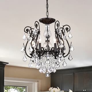 Antique Black 6-Light Wrought Iron Chandelier with Crystals Hanging