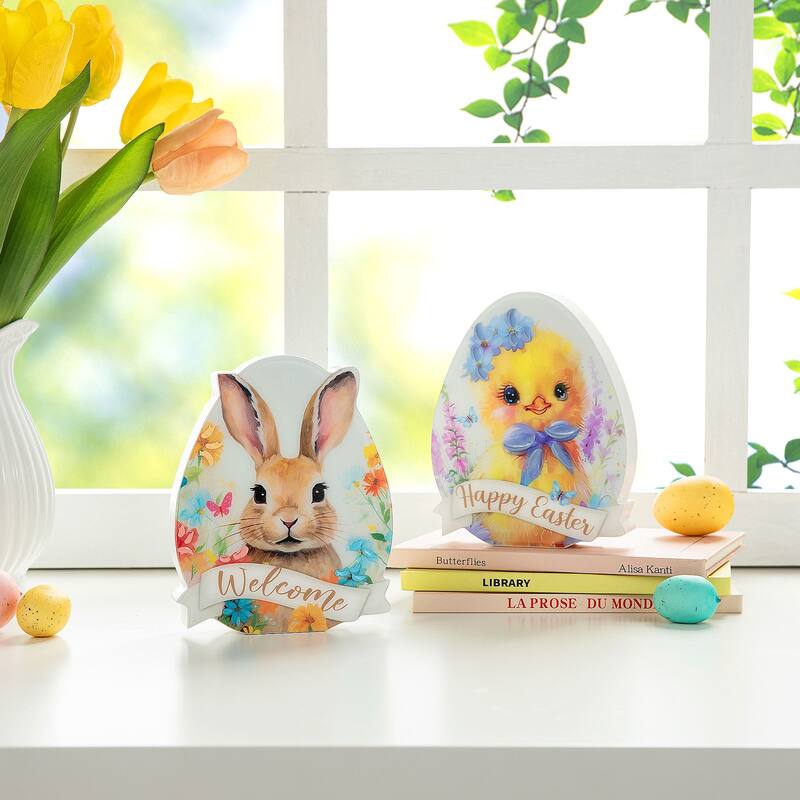 Glitzhome 7.75"/6"H Easter Wooden Patterned Eggs Table Decor Spring Gift - Chick & Rabbit