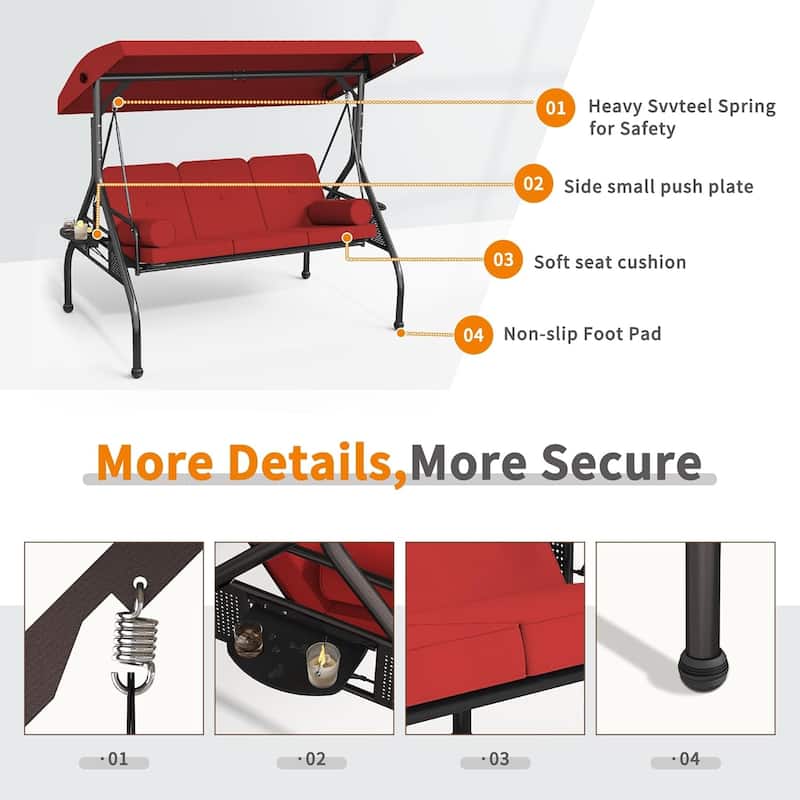 Outdoor Patio 3-Seat Porch Swing Cushioned Seat Bench Chair with Adjustable Tilt Canopy & Side Trays