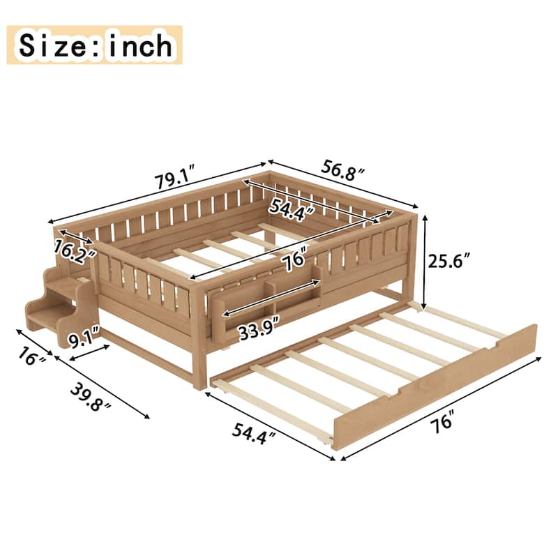 Roomfitters Floor Bed with Bookshelf and Trundle, Low Profile Frame with Step Entry