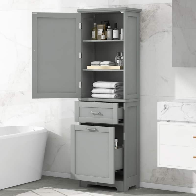 Tall Freestanding Bathroom Storage Cabinet with Two Different Size Drawers and Adjustable Shelf - Grey