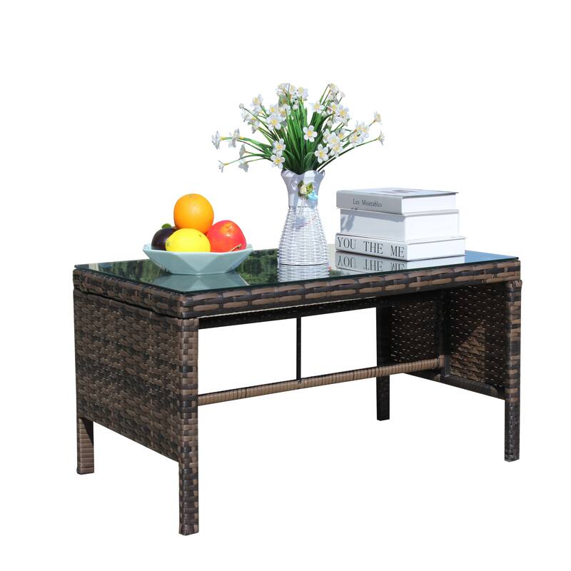 Anmytek Brown Wicker Patio Coffee Table with Tempered Glass Top, Rustic Modern Outdoor Furniture for Garden, Porch & Backyard