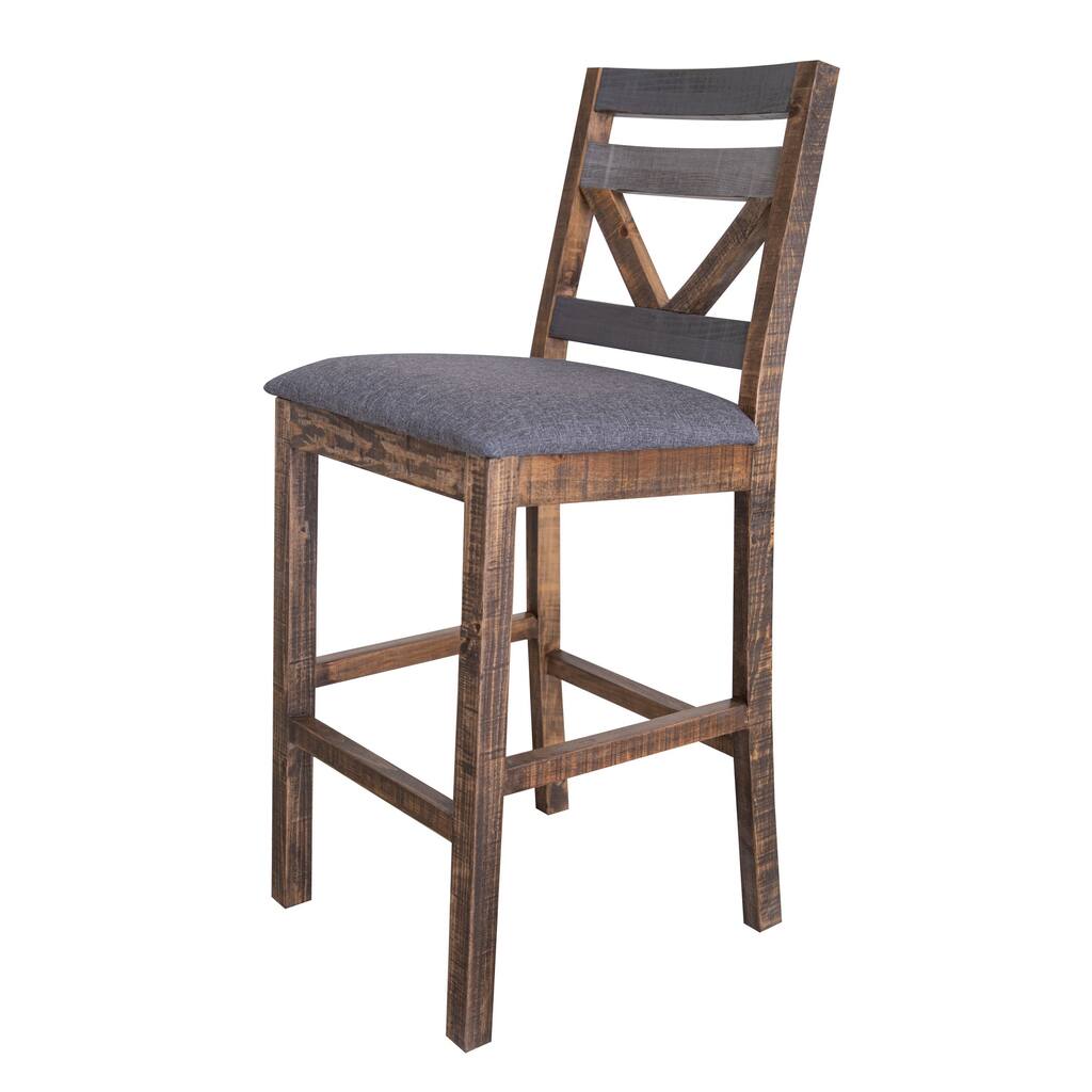 Lint 30 Inch Barstool Chair, Pine Wood, Fabric Padded Seat, Weathered Brown