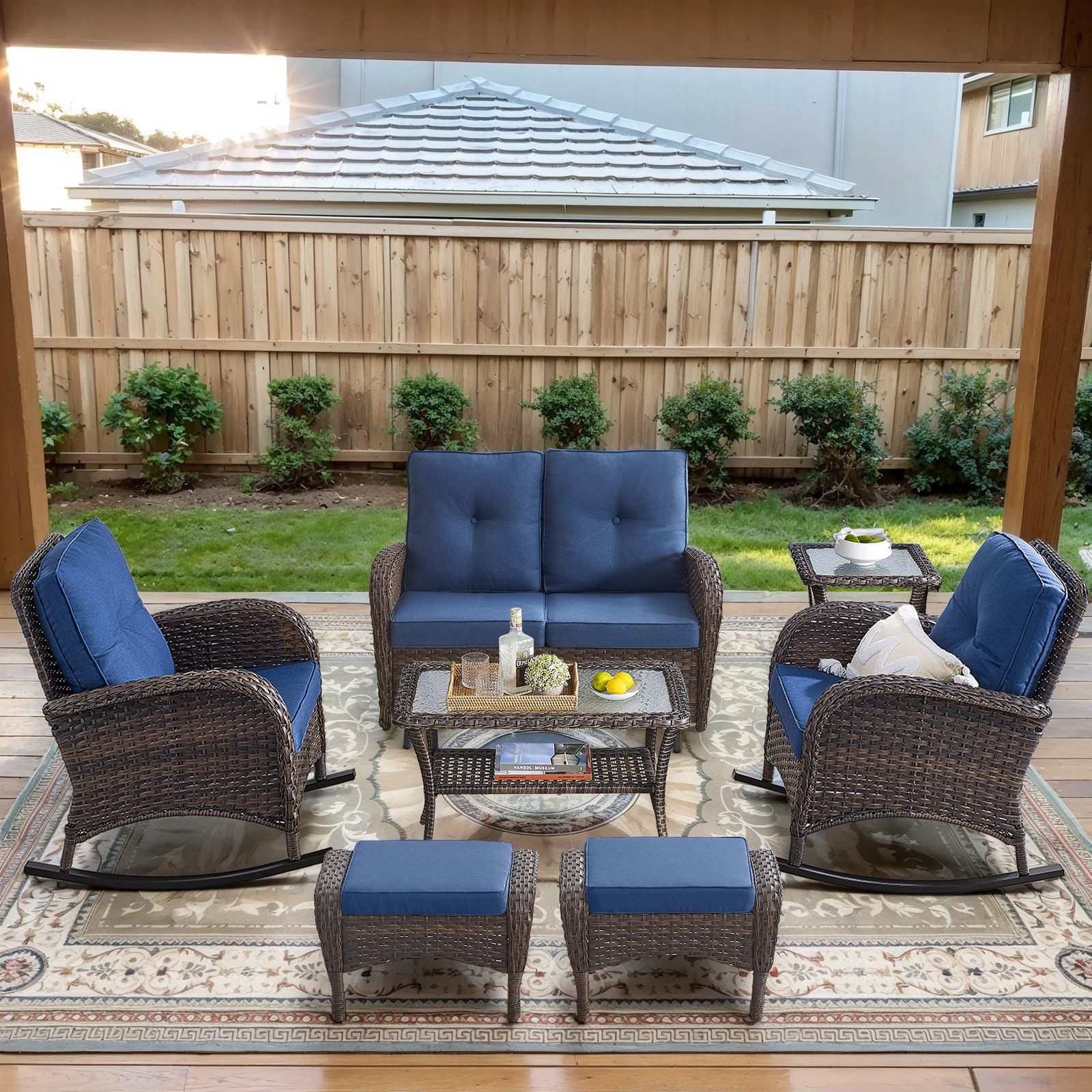 Patio Glider Sofa with Rocking Chair, Ottoman, Side Table