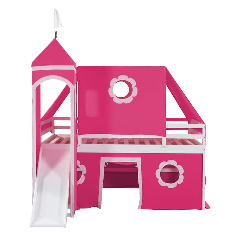 Playhouse Low Loft Bed with Slide, Pink Tent and Tower, Solid Pinewood Floor Bunk Bed Frame, Wooden Slats Support