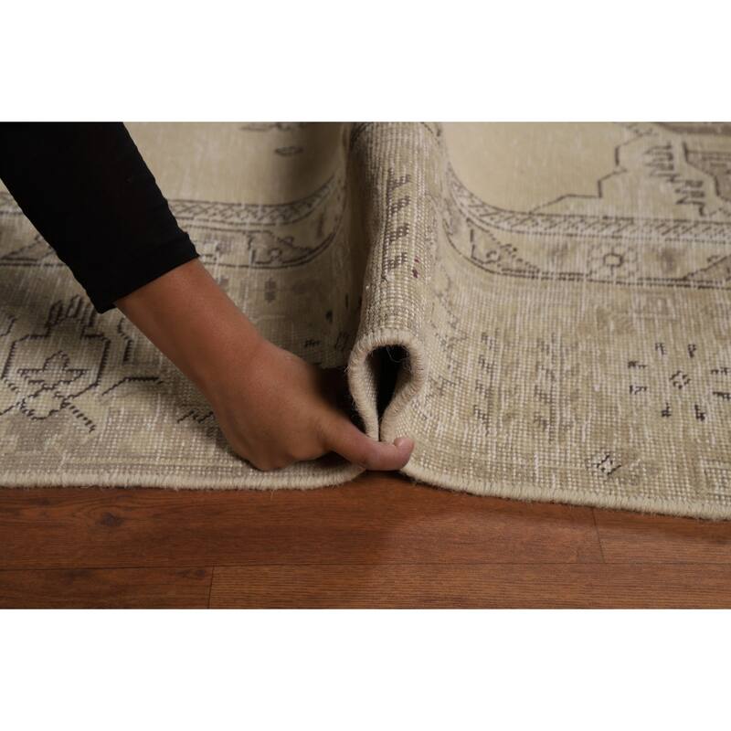 Geometric Beige Tabriz Persian Vintage Rug Handmade Wool Carpet - 8'11" x 11'5"