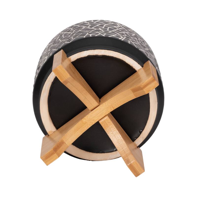 7" Crackled Planter with Wood Stand, Black 8"H - 7.0" x 7.0" x 8.0" - 7" x 7" x 8"