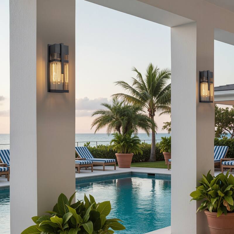 C Cattleya 2-Pack Modern Matte Black Outdoor Wall Lanterns with Clear Tempered Glass