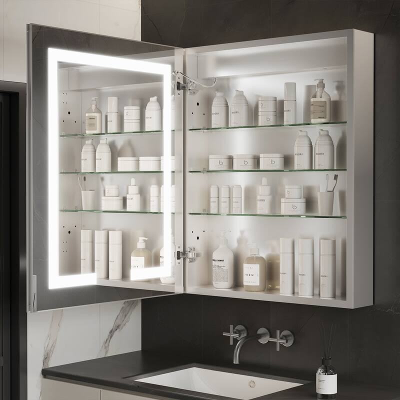 ExBrite 24" x 30" LED Lighted Bathroom Medicine Cabinet with Mirror,Recessed or Surface Mount,Defog