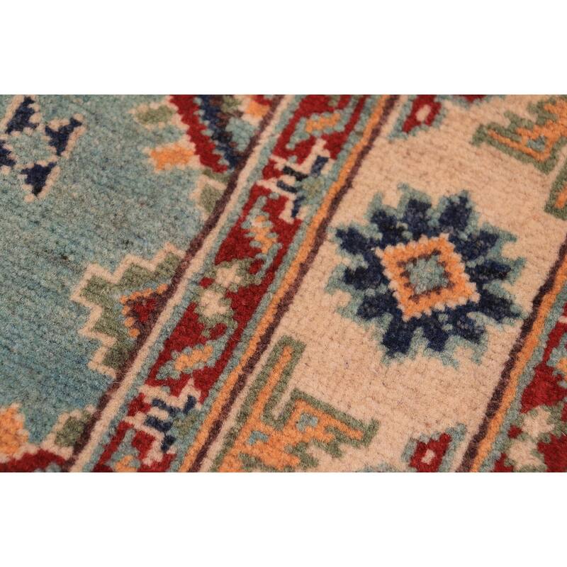Bohemian Kazak Carla Green/Beige Wool Runner - 2'8'' x 9'5''