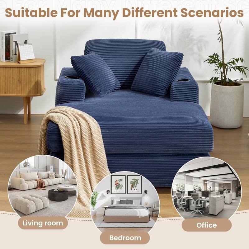 Chaise-Style Corduroy Sofa with Cup Holders and 3 Back Cushions - Reclining Lounge Design