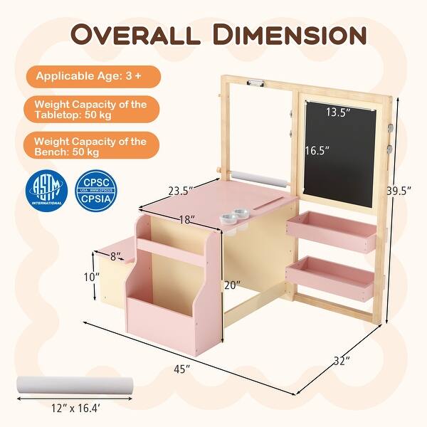 dimension image slide 1 of 2, Kids Multifunctional Art Table & Bench Set with Adjustable Double-Sided Easel - 45" x 32" x 39.5"