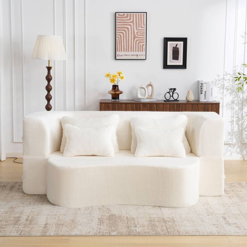Foldable Loveseat Sofa Curved Futon Couch Convertible Queen Floor Bed - White