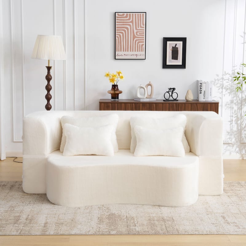 Queen Size Modern Sofa With 4 Pillows,Plush Fabric Futon Sofa Couch,High-Density Foam Folding Mattress,No Assembly Required