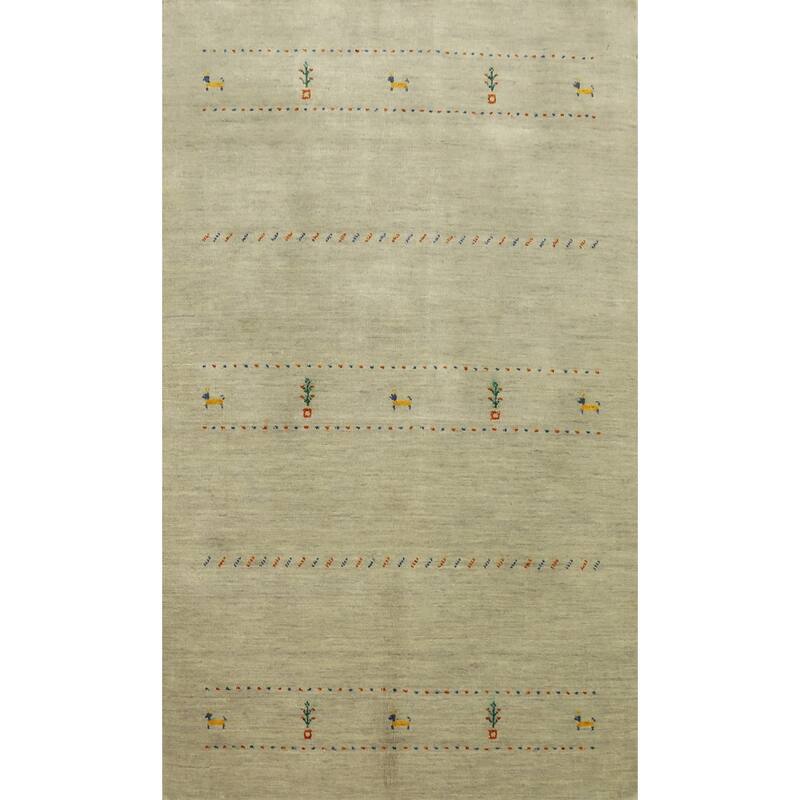 Hand Knotted Oriental 100% Wool Carpet Tribal Animal Pictorial Beige & Ivories Gabbeh Area Rug - 5' 10'' X 3' 9''