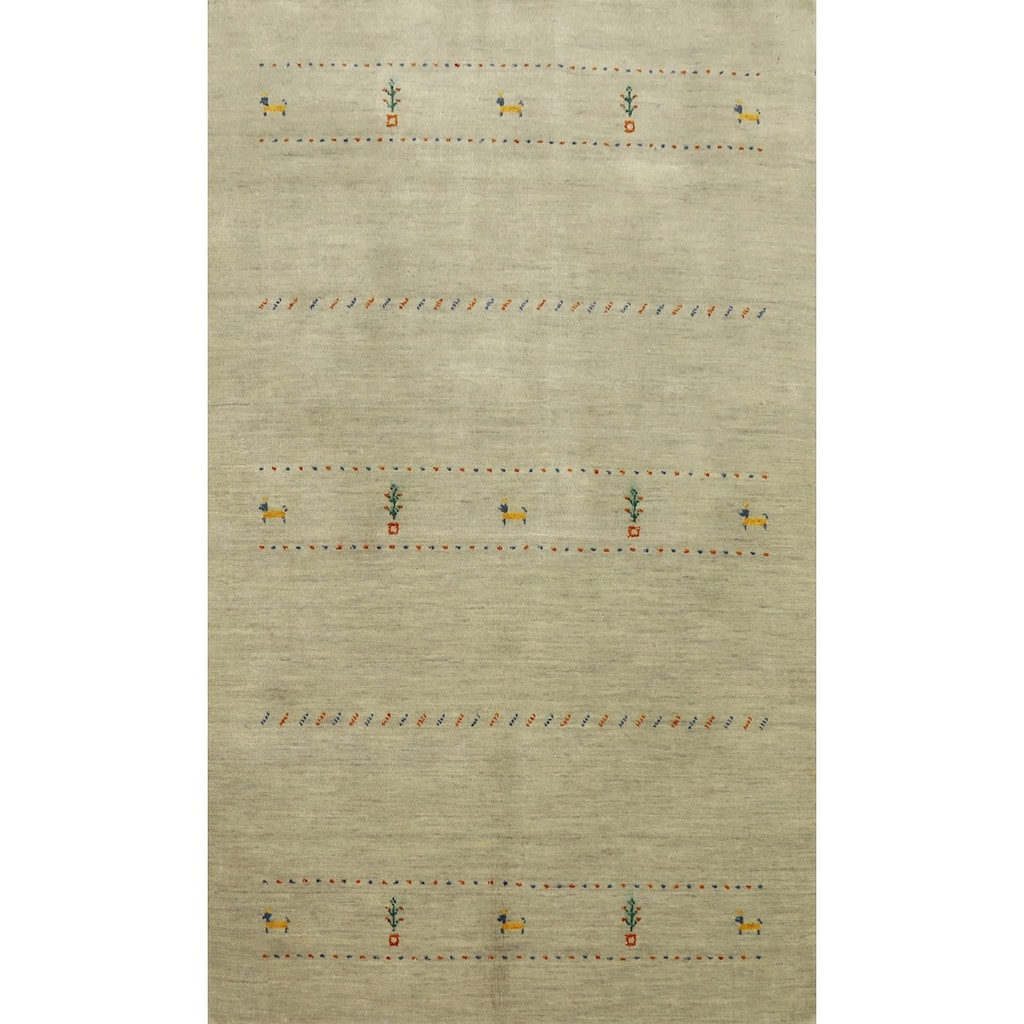 Hand Knotted Oriental 100% Wool Carpet Tribal Animal Pictorial Beige & Ivories Gabbeh Area Rug - 5' 10'' X 3' 9''