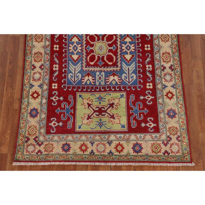 Traditional Kazak Oriental Area Rug Handmade Geometric Red Wool Carpet - 4'3" x 6'4"