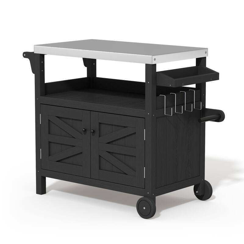 Outdoor Kitchen Cart with Stainless Steel Top, HDPE Patio Serving Cart with Storage