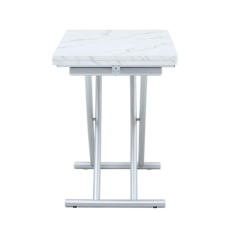 Roomfitters Lift Top Table with 0.8" MDF Surface and Silver Metal Legs, Modern Desk for Dining or Work Use, White+Silver