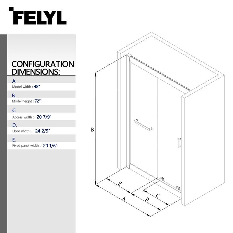 FELYL 48" W × 72" H Single Sliding Framed Shower Door with Heat Soaking Process and Protective Coating Clear Glass