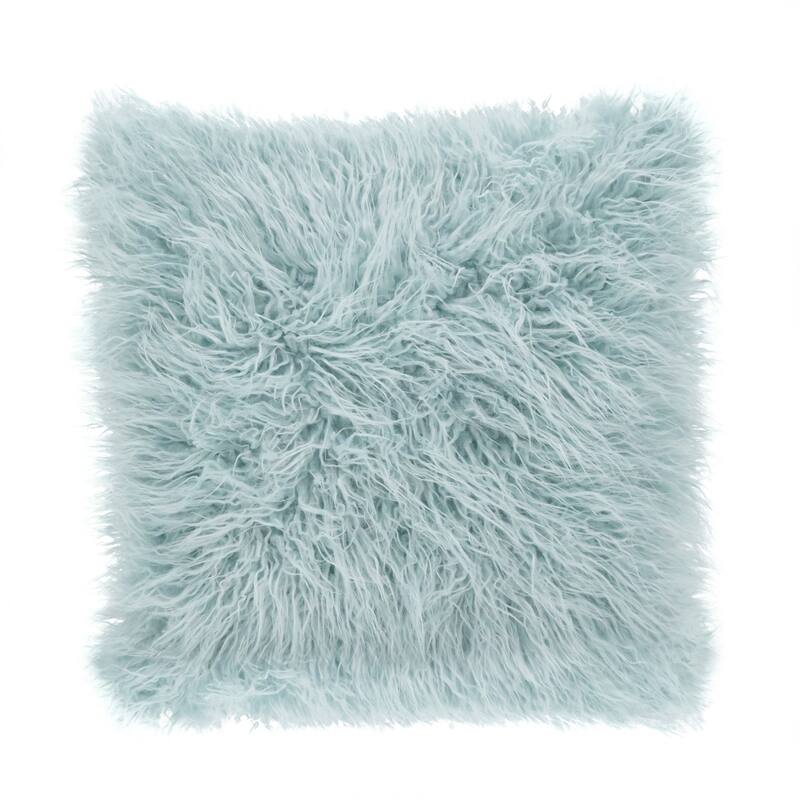 Mongolian Shaggy Faux Fur Throw Pillow - 18 X 18 - Ice blue