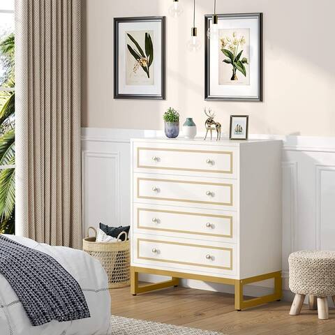 4 Drawer Dresser, Wood Modern White Dresser Chest with Storage