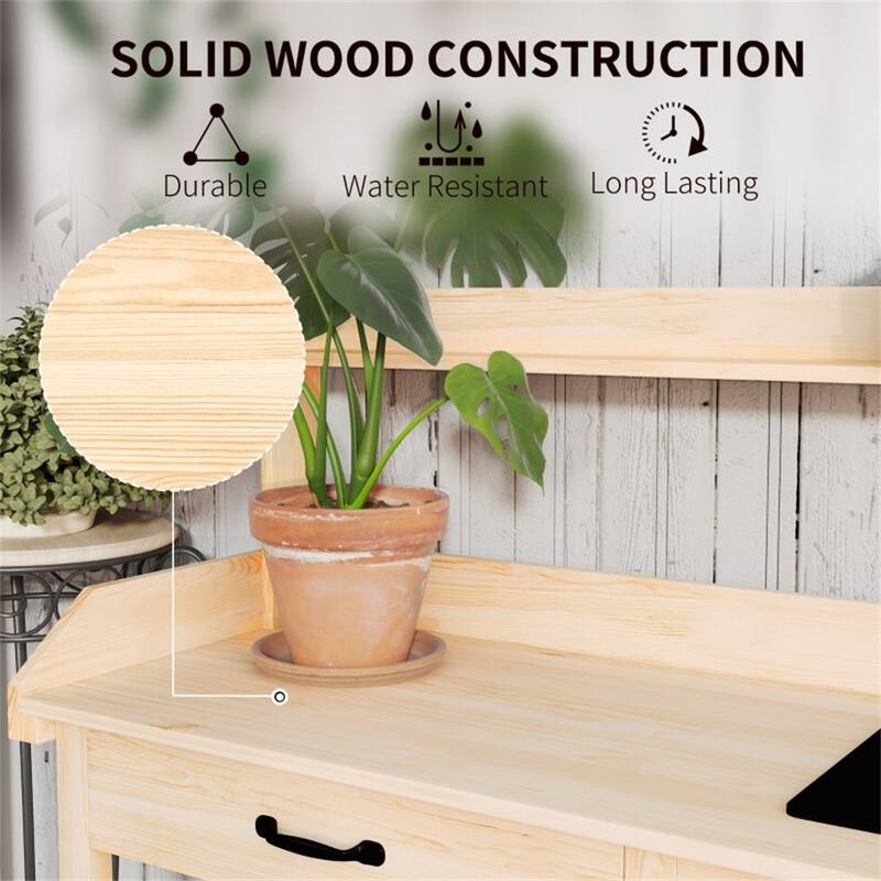Garden Work Bench with Sink, Faucet, Storage Shelves & Hooks - 45.25" W x 17.75" D x 48.5" H