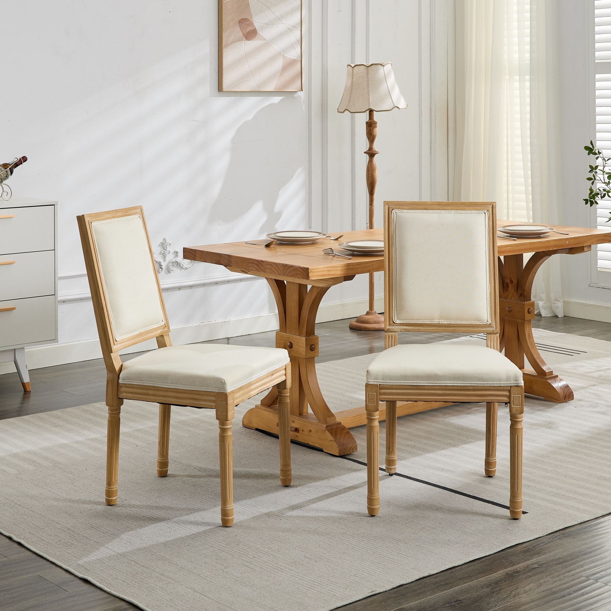 Roomfitters French Dining Chairs Set of 2, Solid Wood Louis Chairs with Square Back and Fabric Upholstery