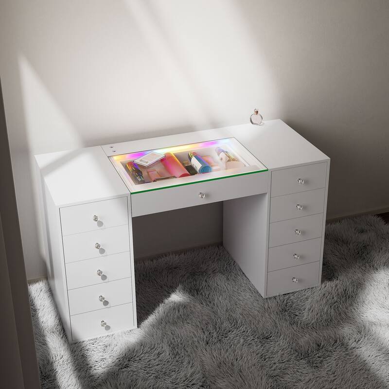 Bedroom Vanity Desk with RGB LED Light Strip, Glass Top Makeup Dressing Table with 11 Drawers