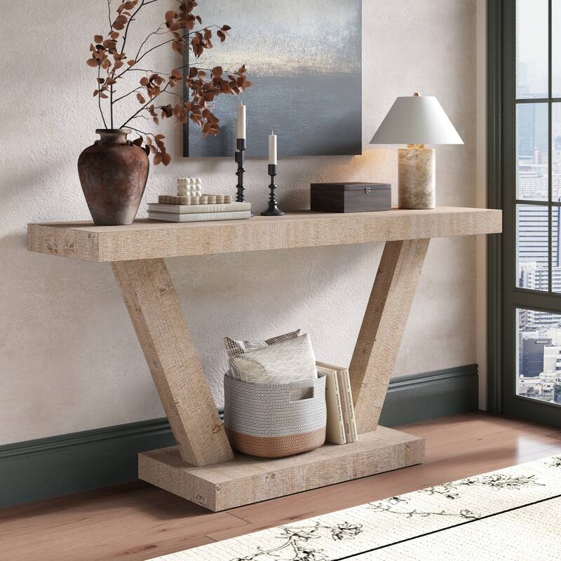 Roomfitters 60" Farmhouse Entryway Bench, Distressed Wood Storage Cabinet with 2 Tiers for Hallway