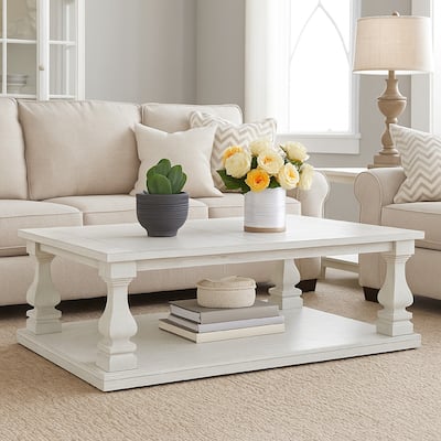 Dyne Cocktail Coffee Table, Plank Top, Balusters, 54 Inch White Wood