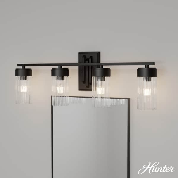 slide 2 of 10, Hunter Gatz Ribbed Glass Vanity Wall Light - Bathroom - Glam, Fluted Glass - Damp Rated! 4 Light - Matte Black