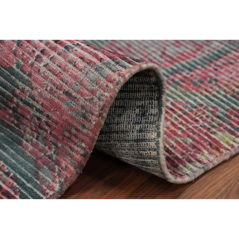 Hand Knotted Oriental Viscose Silk Carpet Modern Pictorial Pink Abstract Area Rug - 7' 7'' X 5' 6''