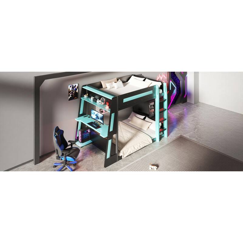 Roomfitters Twin/Full Over Twin Wooden Gaming Bunk Bed with Desk and LED Lights