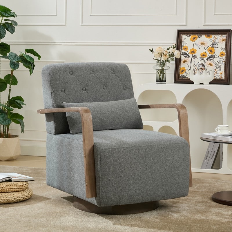 Solid Wood Swivel Accent Chair with Armrests and Lumbar Pillow - 360° Rotation - Grey