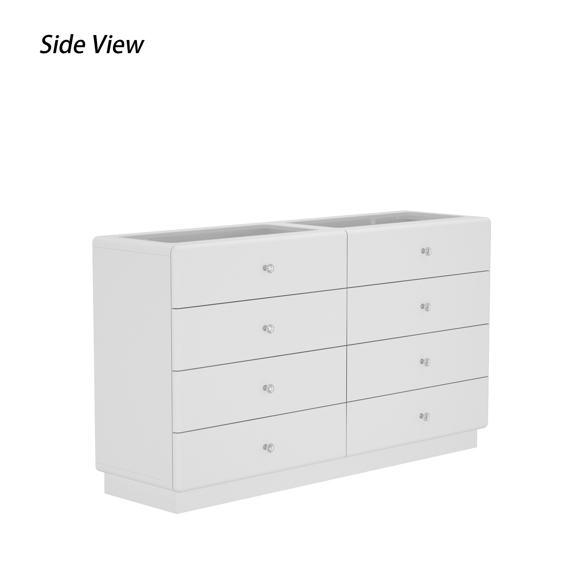 Elegant White 8 - drawer Dresser: Glass Top, Rounded Corners & Tri