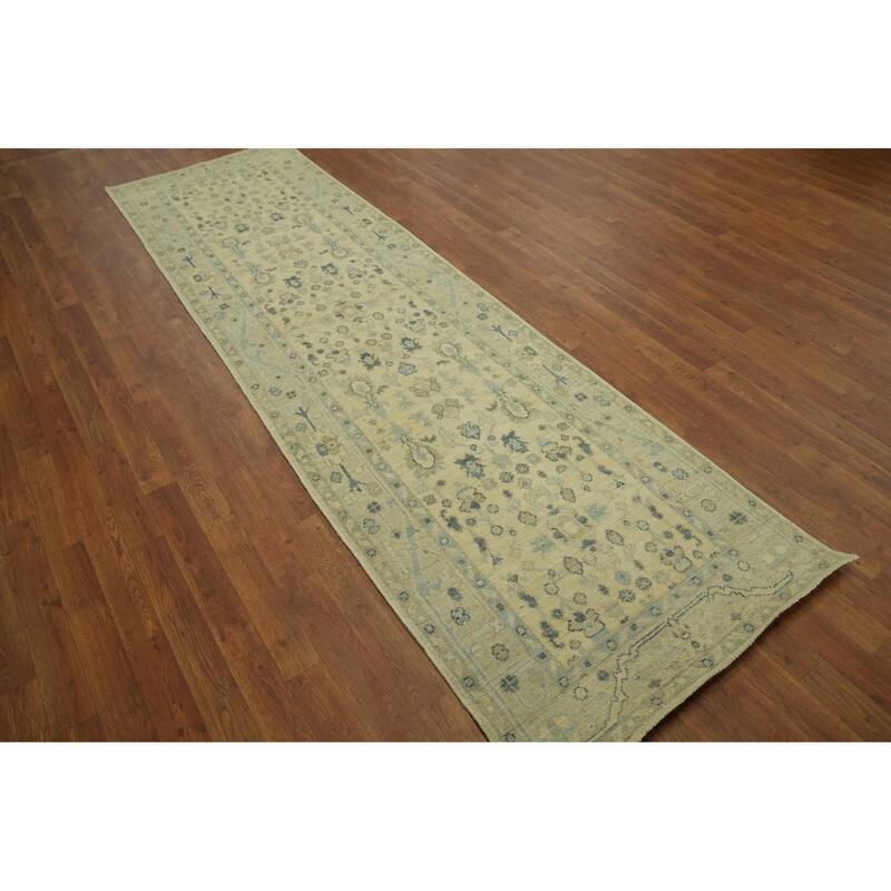Earth Tone Wool Oushak Vegetable Dye Runner Rug, Floral Geometric Carpet - 9' 8'' X 2' 11''