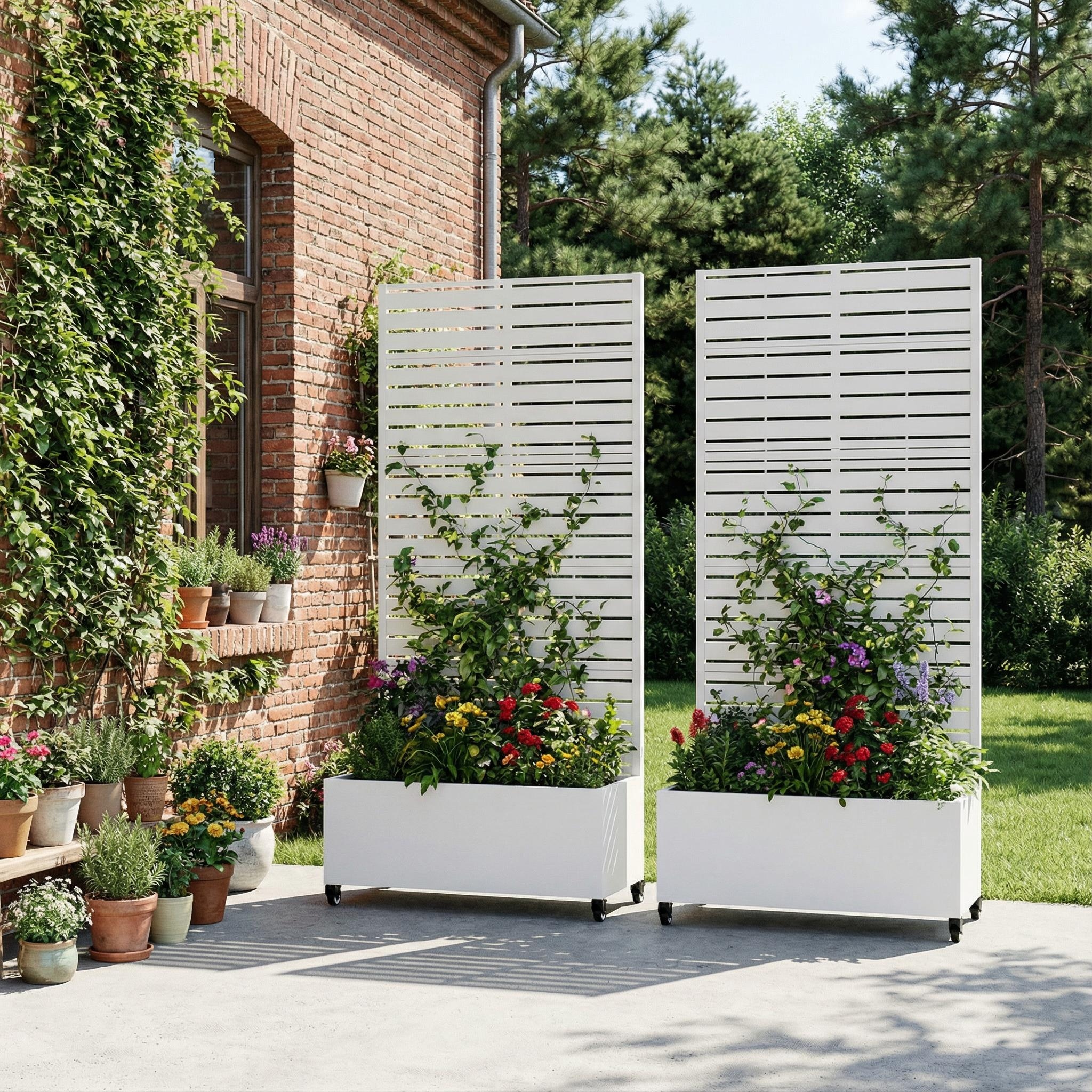 Metal Planter Box with Trellis Privacy Screen Planter Box with Lockable Wheels Set of 2