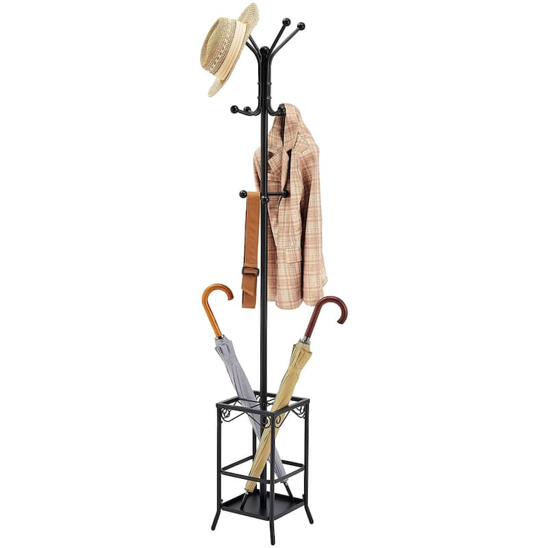 Coat Rack Freestanding,Entryway Coat Hanger Stand,Umbrella Holder,Hall Tree With 12 Hooks,Standing Coat Rack - Black