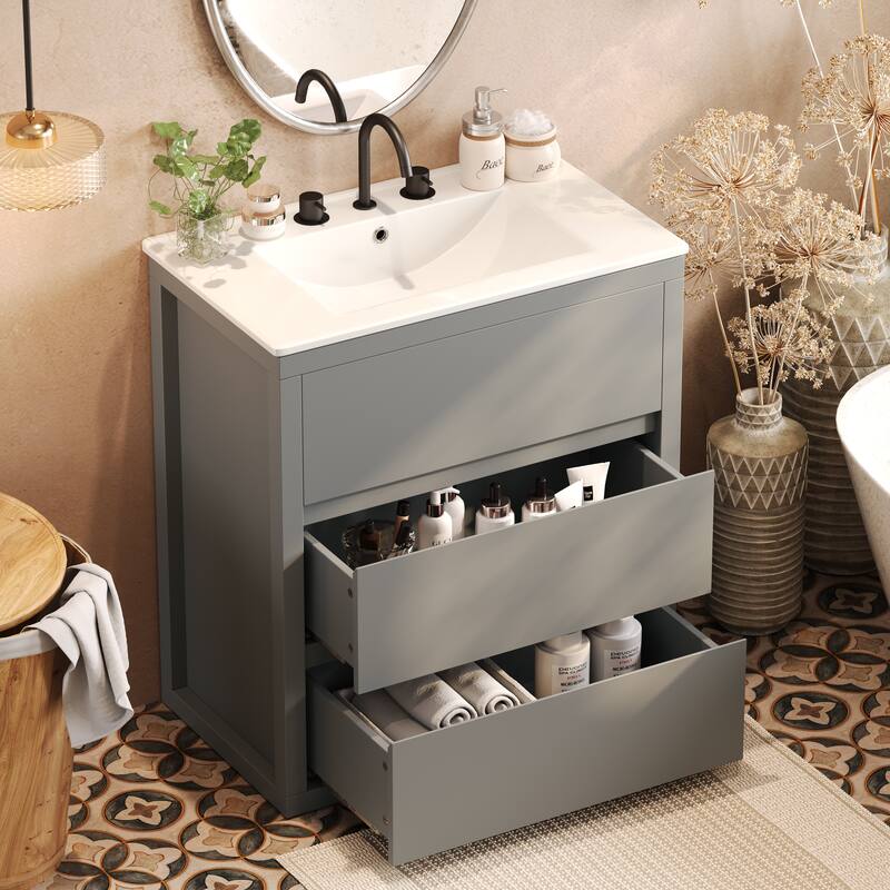 30"/60" Bathroom Vanity Set, Freestanding Bathroom Vanity Cabinet with Ceramic Sink Basin & Drawers - Gray - 30 Inch