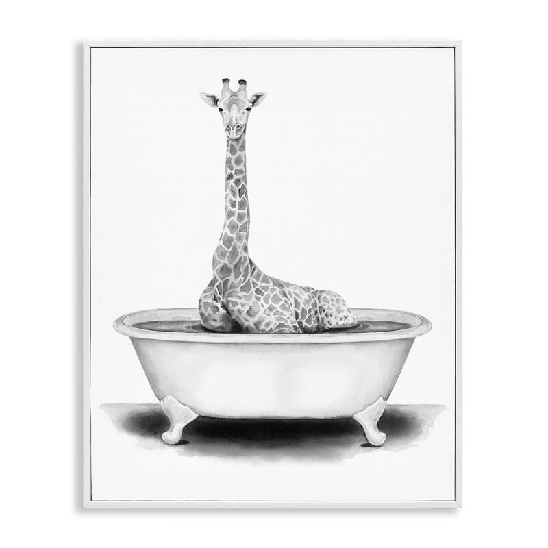 Stupell Giraffe In A Tub Funny Animal Bathroom Drawing Framed Wall Art - 24 x 30 - White