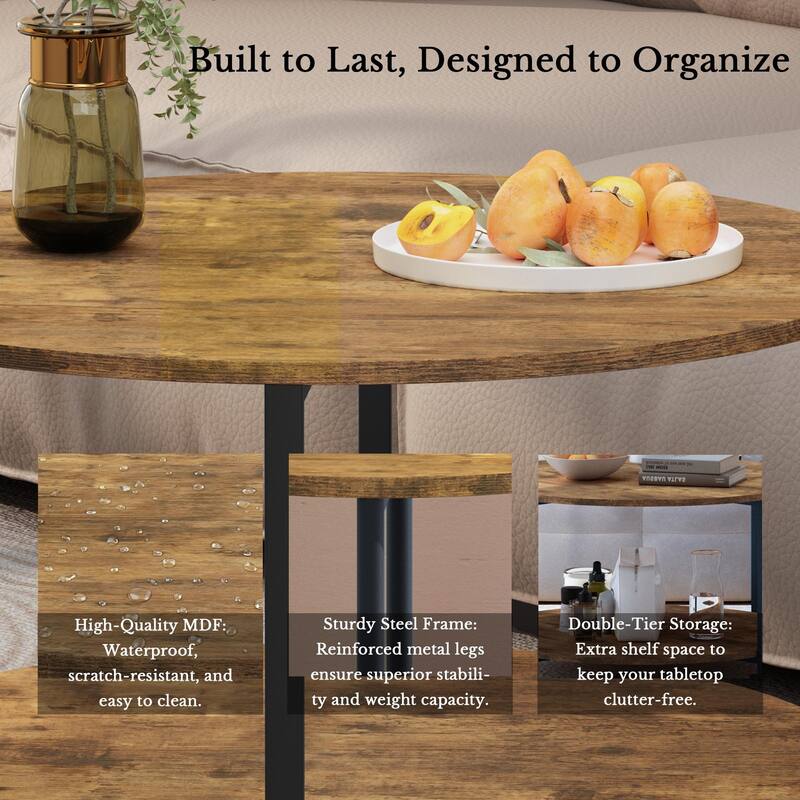 Anmytek Rustic Brown 3 Piece Coffee and End Table Set with Storage Shelves Round Modern Farmhouse Living Room Accent Table Set