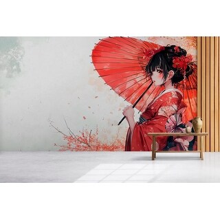Japanese Anime Geisha Wall Mural Red Kimono Girl Art Wallpaper - Bed ...