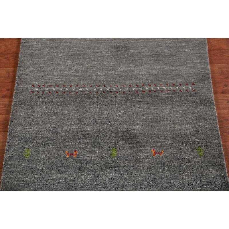 Hand Knotted Oriental 100% Wool Carpet Tribal Animal Pictorial Greys & Charcoal Gabbeh Area Rug - 4' 11'' X 3' 0''