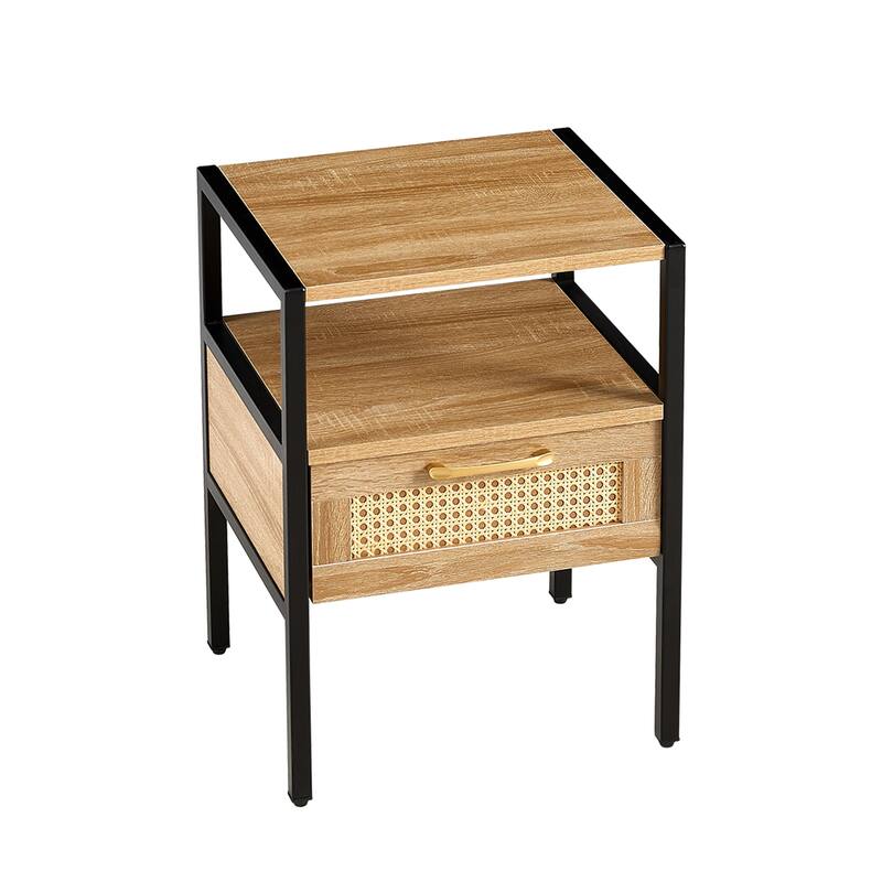 Rattan Side Table with Drawer, 15.75" Modern Nightstand, Metal Legs, Natural Wood Accent for Living Room & Bedroom