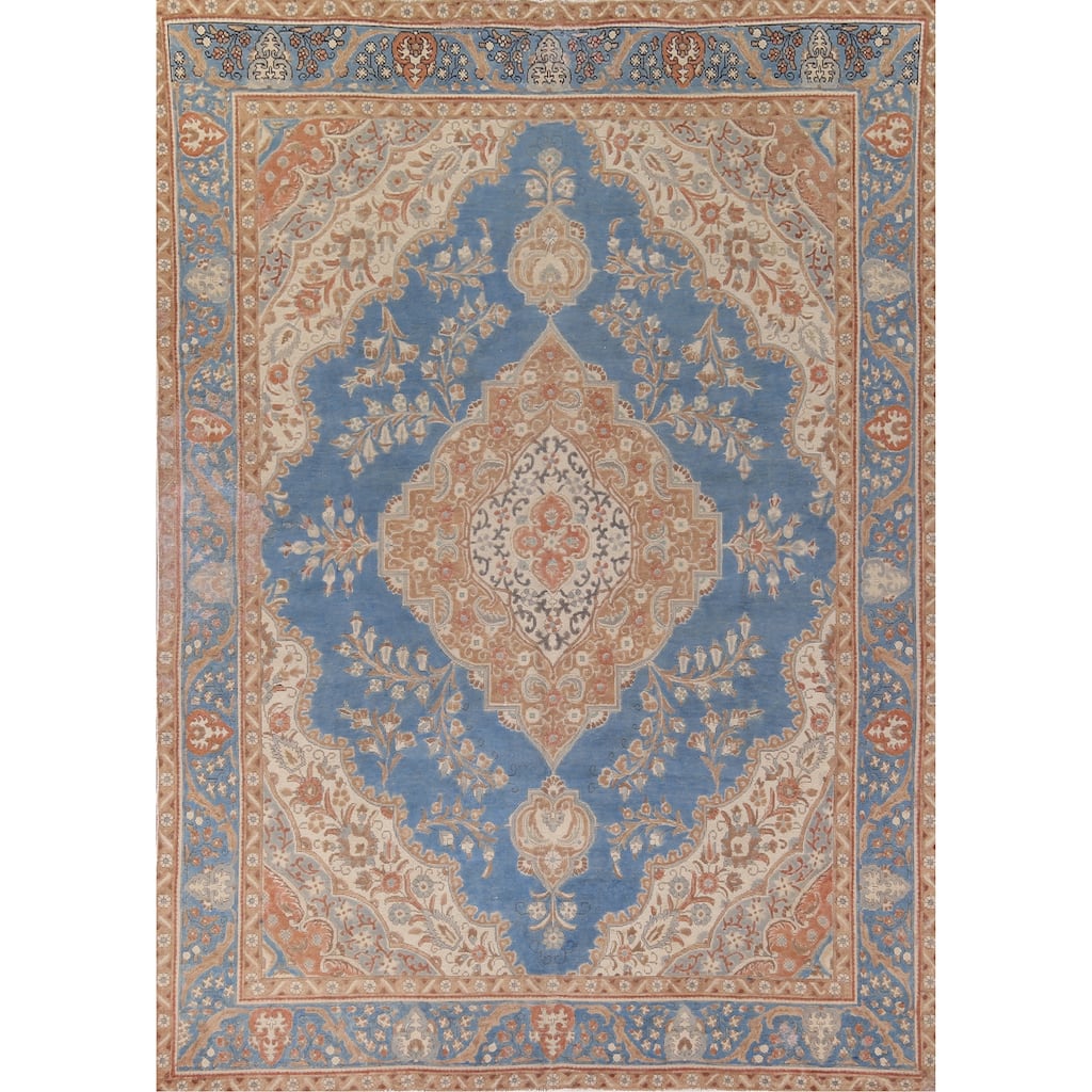 Blue Tabriz Persian Vintage Rug Hand-Knotted Wool Carpet - 9'3" x 12'11"