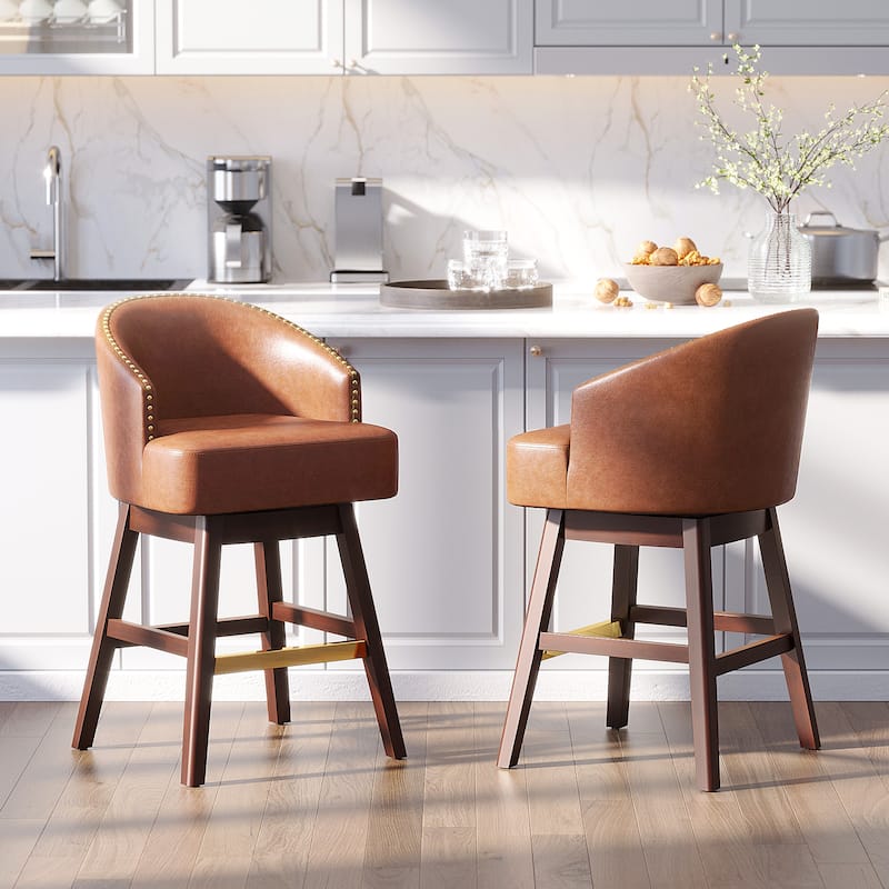 Counter Height Bar Stools Upholstered Solid Wood Swivel Barstool Set of 2/4 - Brown - Set of 2